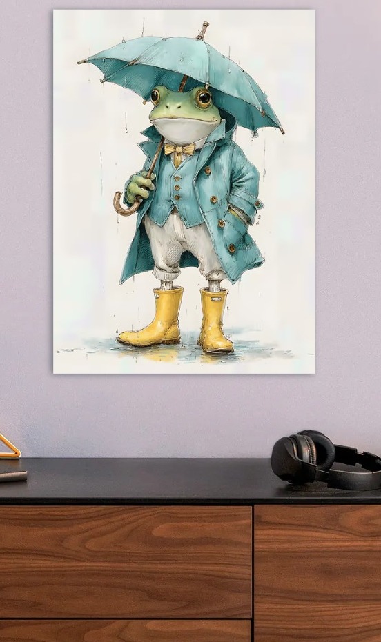Frog in a Trench Coat with Umbrella — metal poster wall art by Lineer